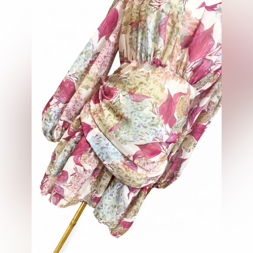 Floral V Neckline Cuff Sleeves Ruffle Skirt Chiffon Mini Dress Women Size Medium - Picture 4 of 8